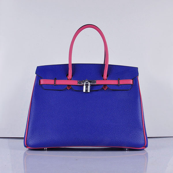 Hermes 6089 Birkin 35CM Tote Bags Navy Blue and Pink Leather Sil